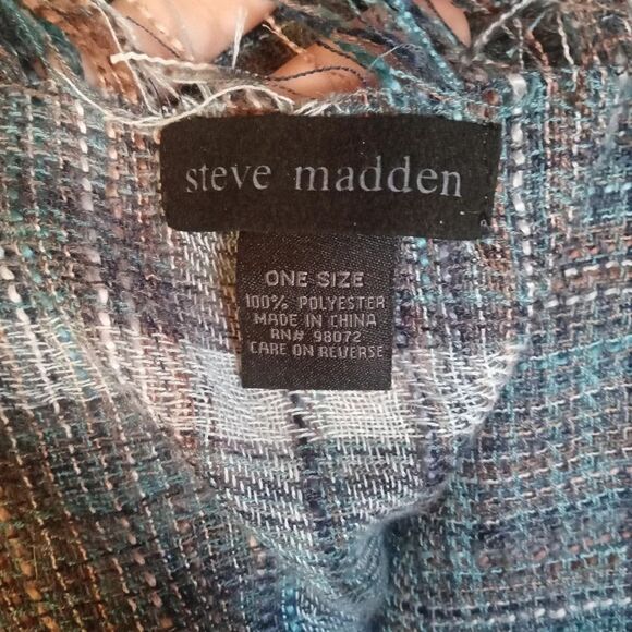 Steve Madden Teal Gray Colorful Fringe Trim Loose Knit Blanket Scarf - Picture 6 of 7